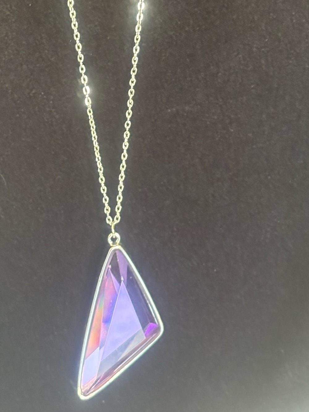 Silver Chain Necklace with Purple Iridescent Geometric Pendant